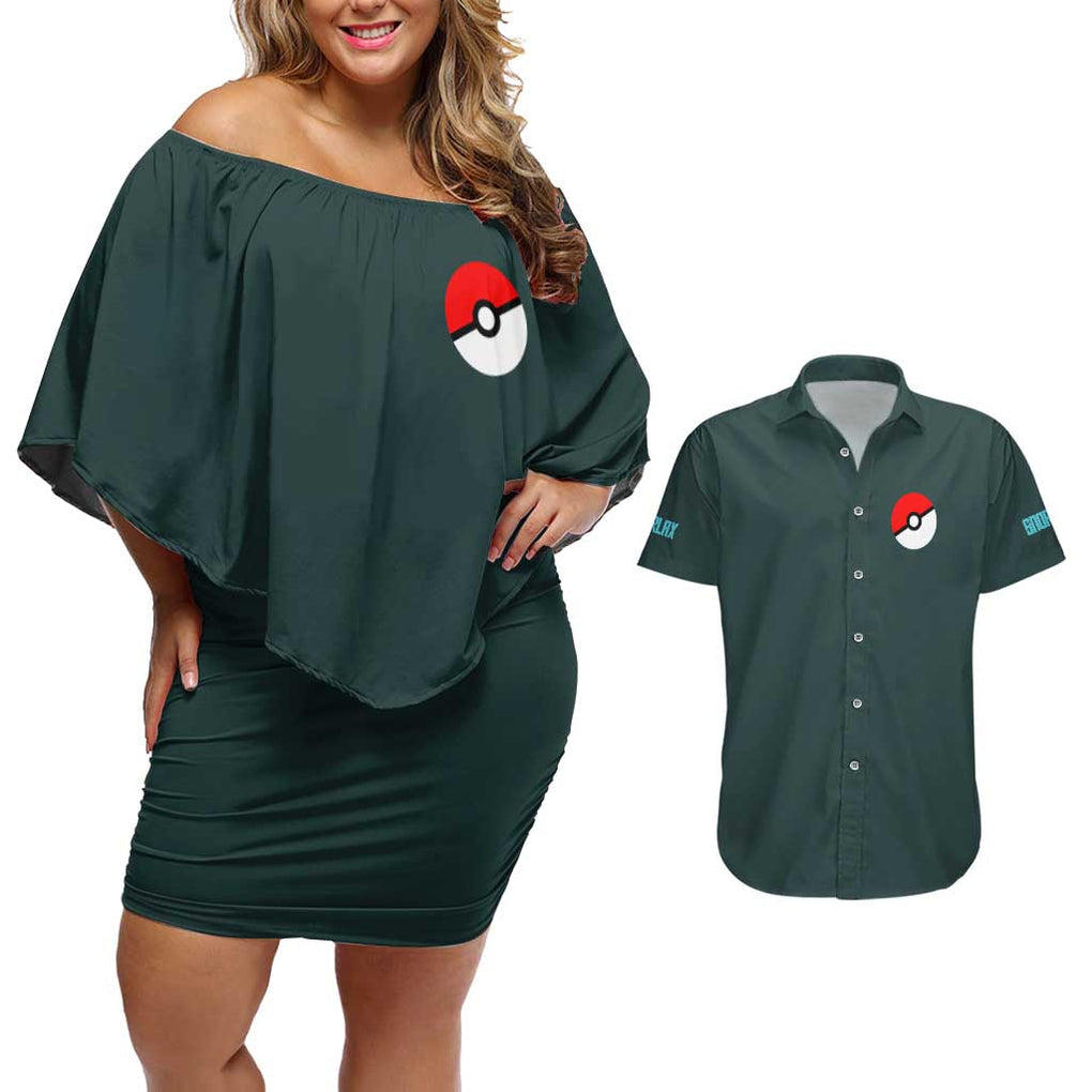 Gigantamax Snorlax Poke Couples Matching Off Shoulder Short Dress and Hawaiian Shirt Japan Anime Style