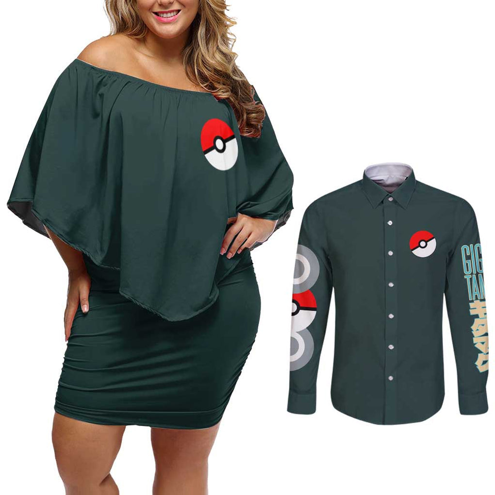 Gigantamax Snorlax Poke Couples Matching Off Shoulder Short Dress and Long Sleeve Button Shirt Japan Anime Style