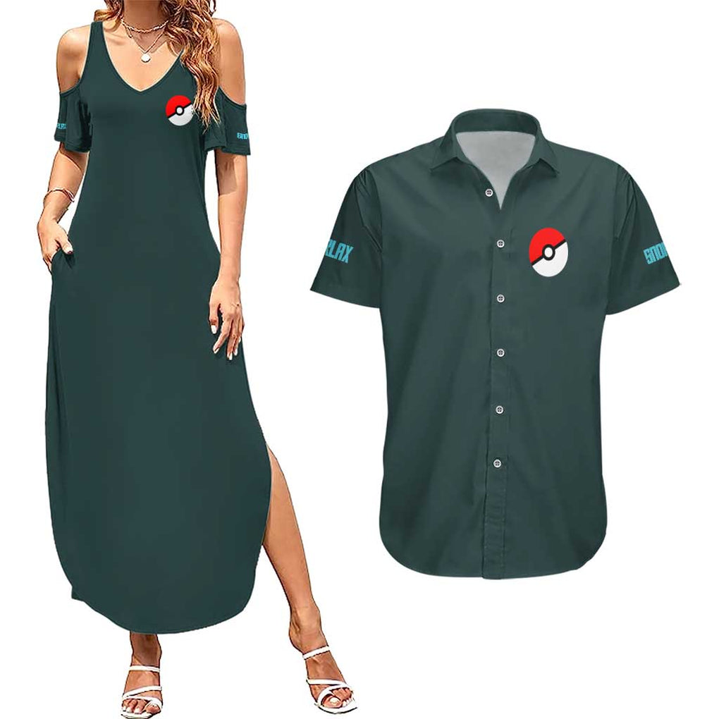 Gigantamax Snorlax Poke Couples Matching Summer Maxi Dress and Hawaiian Shirt Japan Anime Style