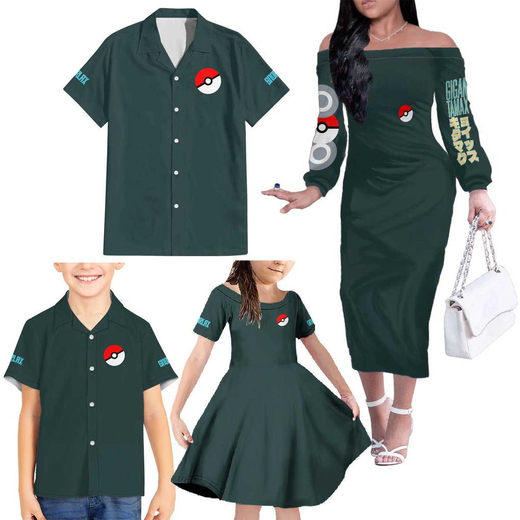 Gigantamax Snorlax Poke Family Matching Off The Shoulder Long Sleeve Dress and Hawaiian Shirt Japan Anime Style