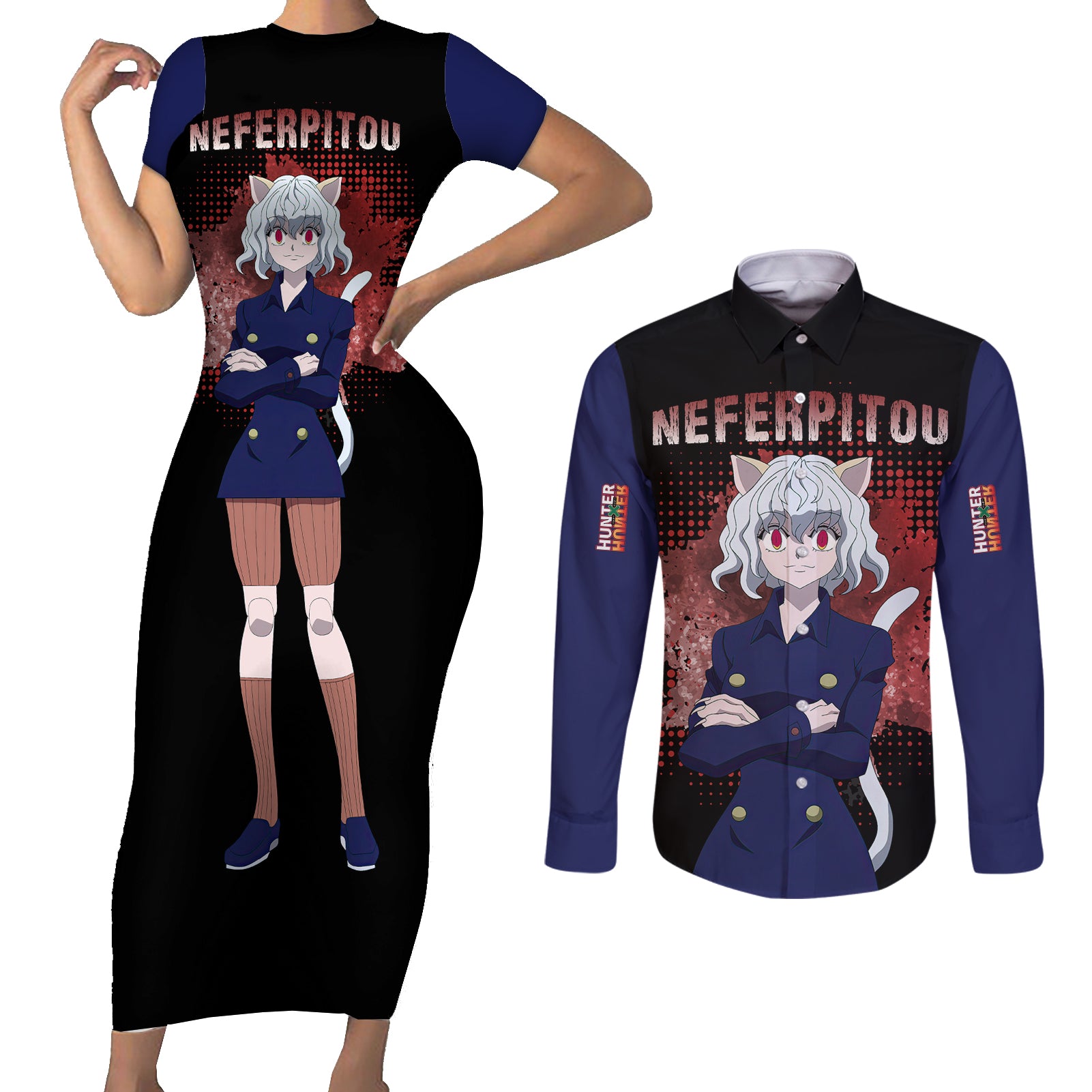 Neferpitou Hunter X Hunter Couples Matching Short Sleeve Bodycon Dress and Long Sleeve Button Shirt Anime Style