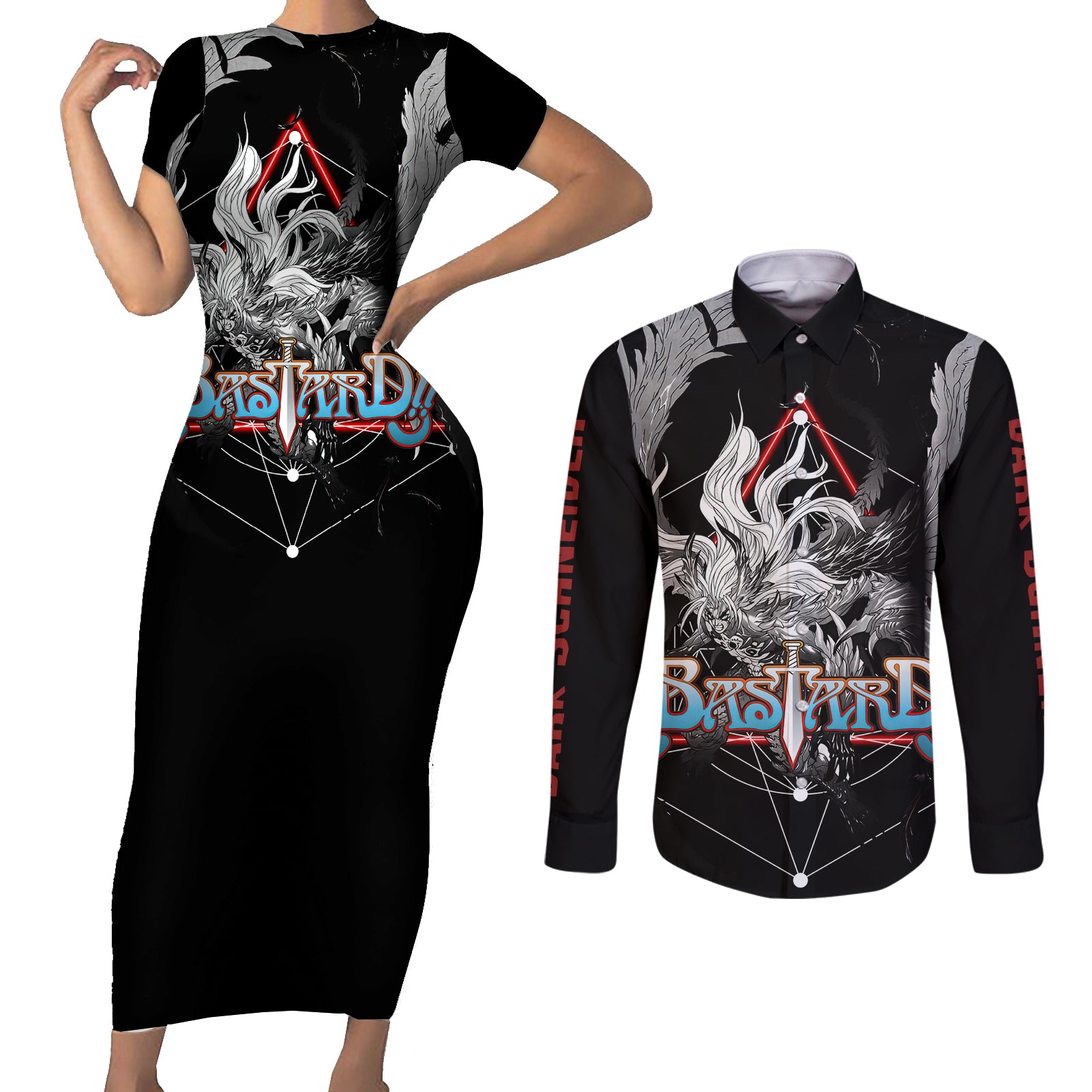 Dark Schneider Basrard Couples Matching Short Sleeve Bodycon Dress and Long Sleeve Button Shirt Anime Style