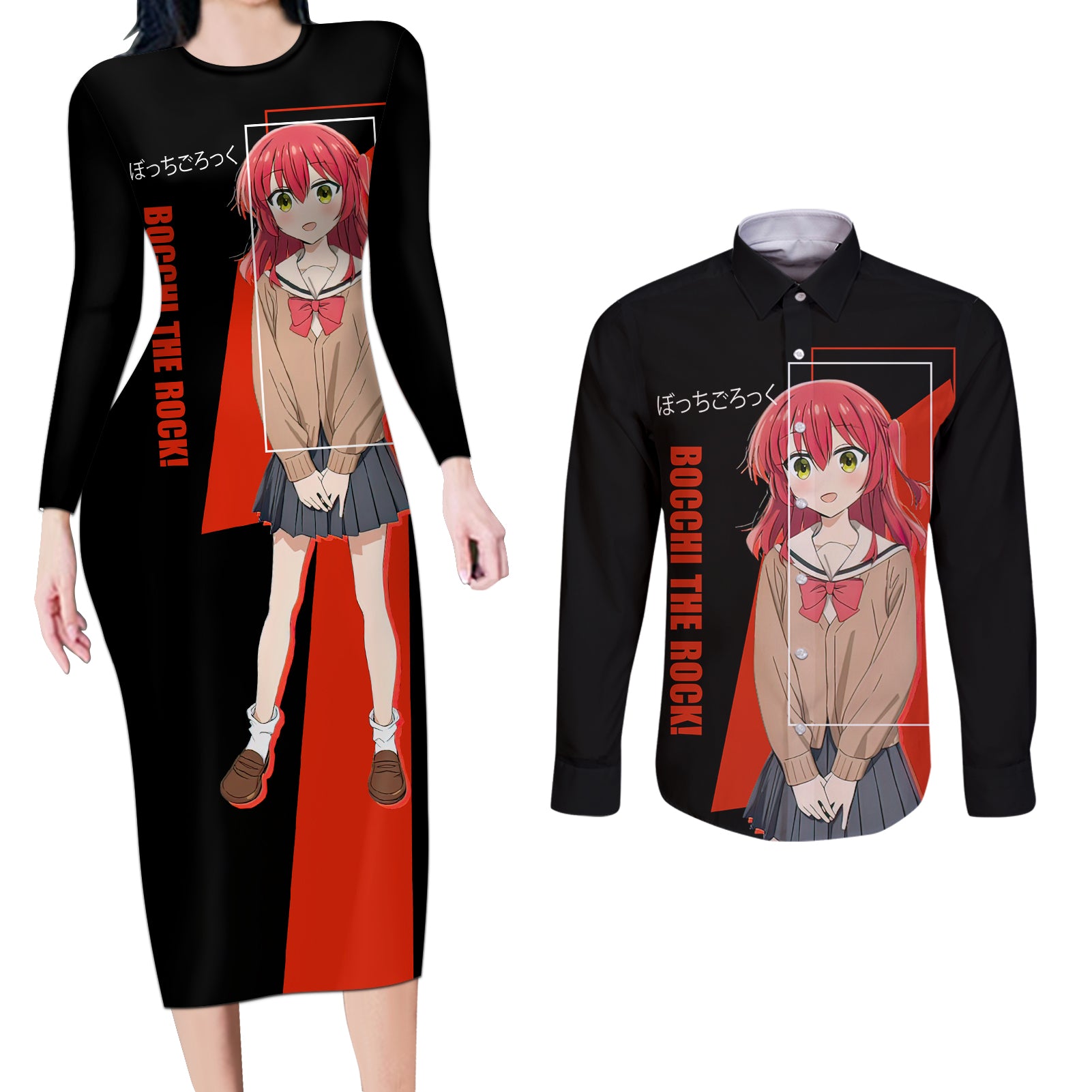 Ikuyo Kita Bochi The Rock! Couples Matching Long Sleeve Bodycon Dress and Long Sleeve Button Shirt Anime Style