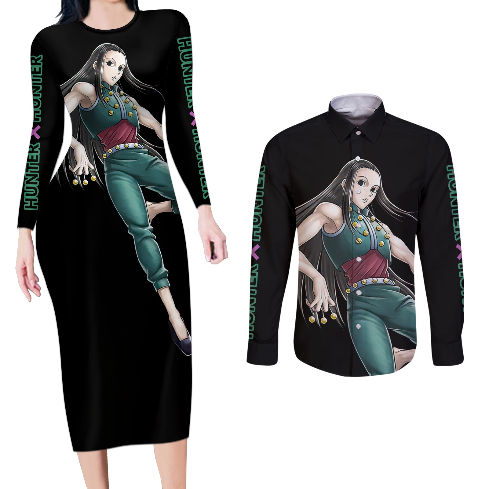 Illumi Zoldyck Hunter X Hunter Couples Matching Long Sleeve Bodycon Dress and Long Sleeve Button Shirt Anime Style