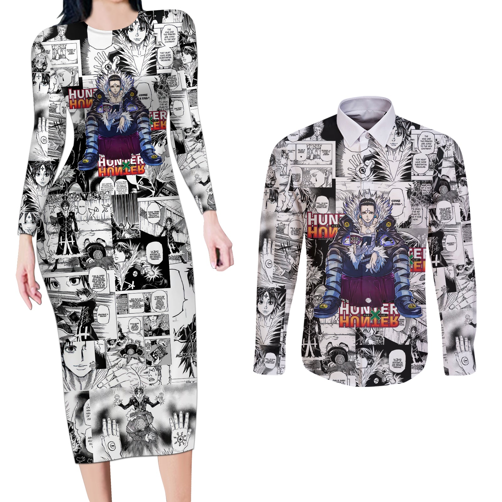 Chrollo Lucilfer Hunter X Hunter Couples Matching Long Sleeve Bodycon Dress and Long Sleeve Button Shirt Manga Mix Anime Style