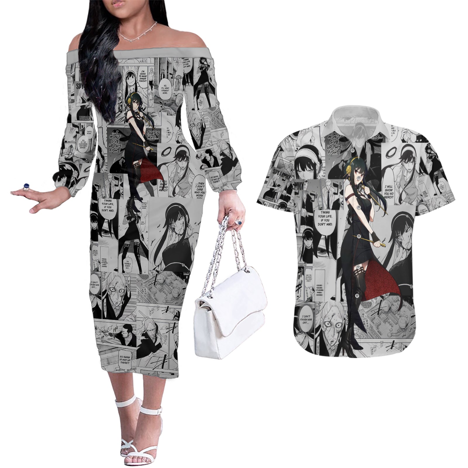 Yor Forger Spy X Family Couples Matching Off The Shoulder Long Sleeve Dress and Hawaiian Shirt Manga Mix Anime Style