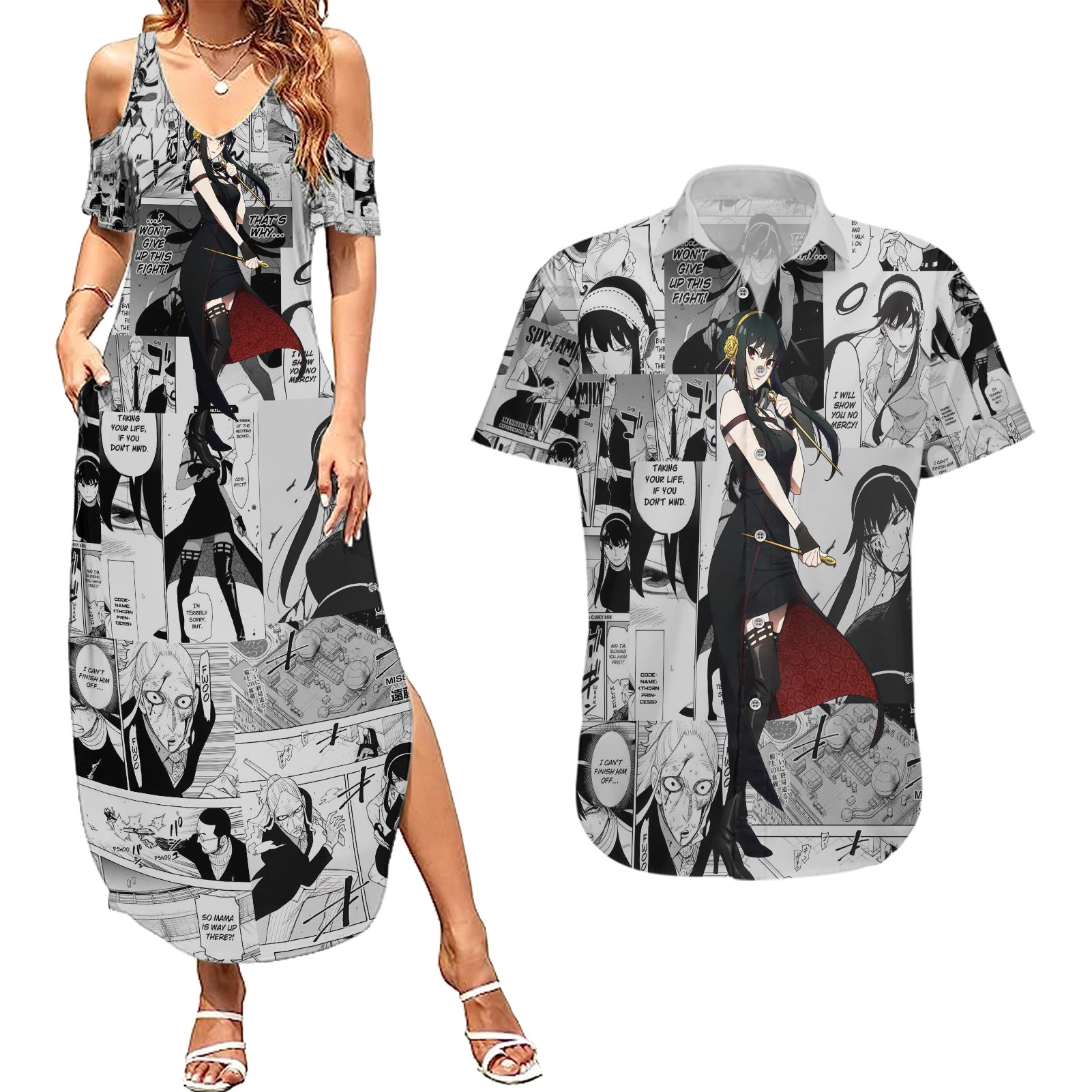 Yor Forger Spy X Family Couples Matching Summer Maxi Dress and Hawaiian Shirt Manga Mix Anime Style