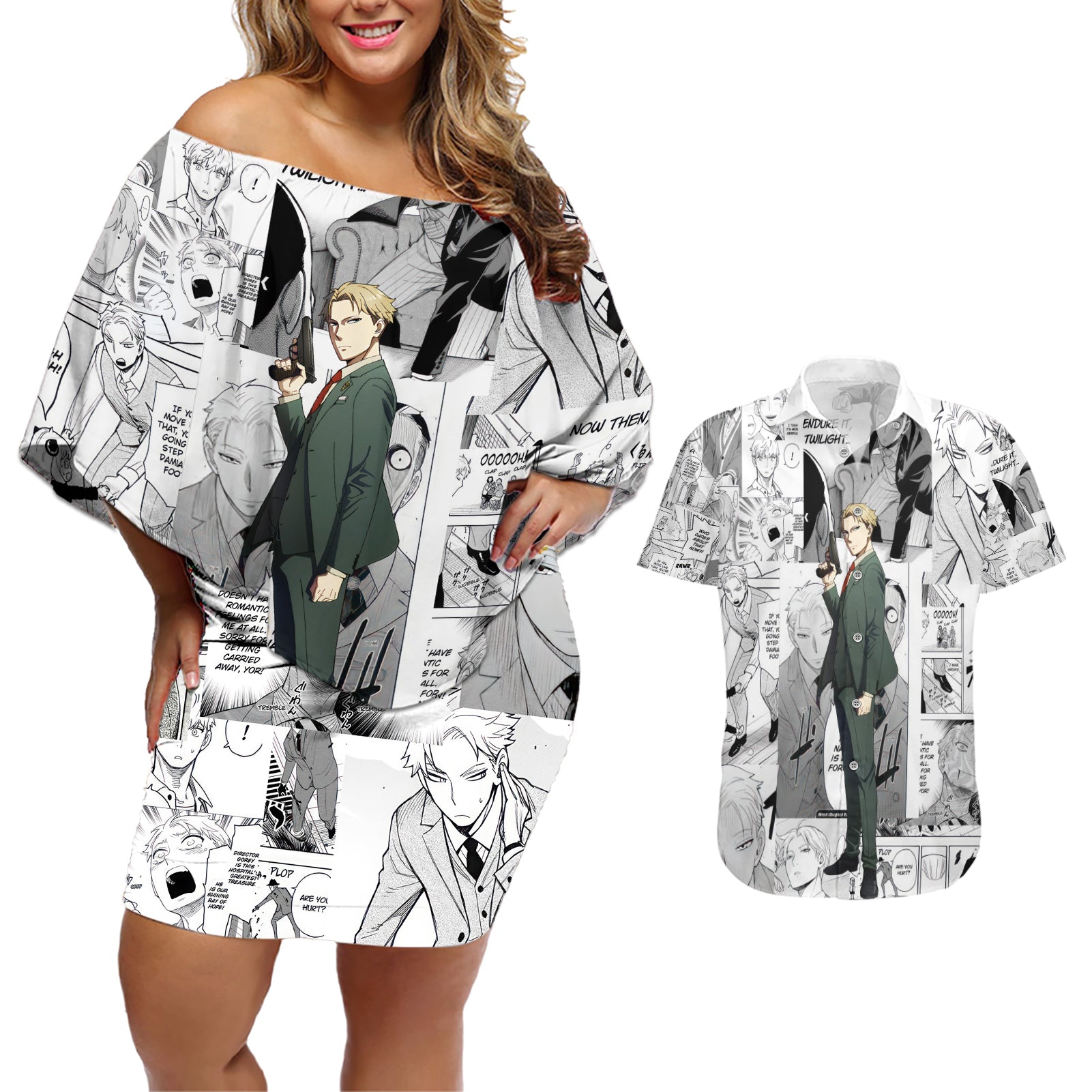 Loid Forger Spy X Family Couples Matching Off Shoulder Short Dress and Hawaiian Shirt Manga Mix Anime Style