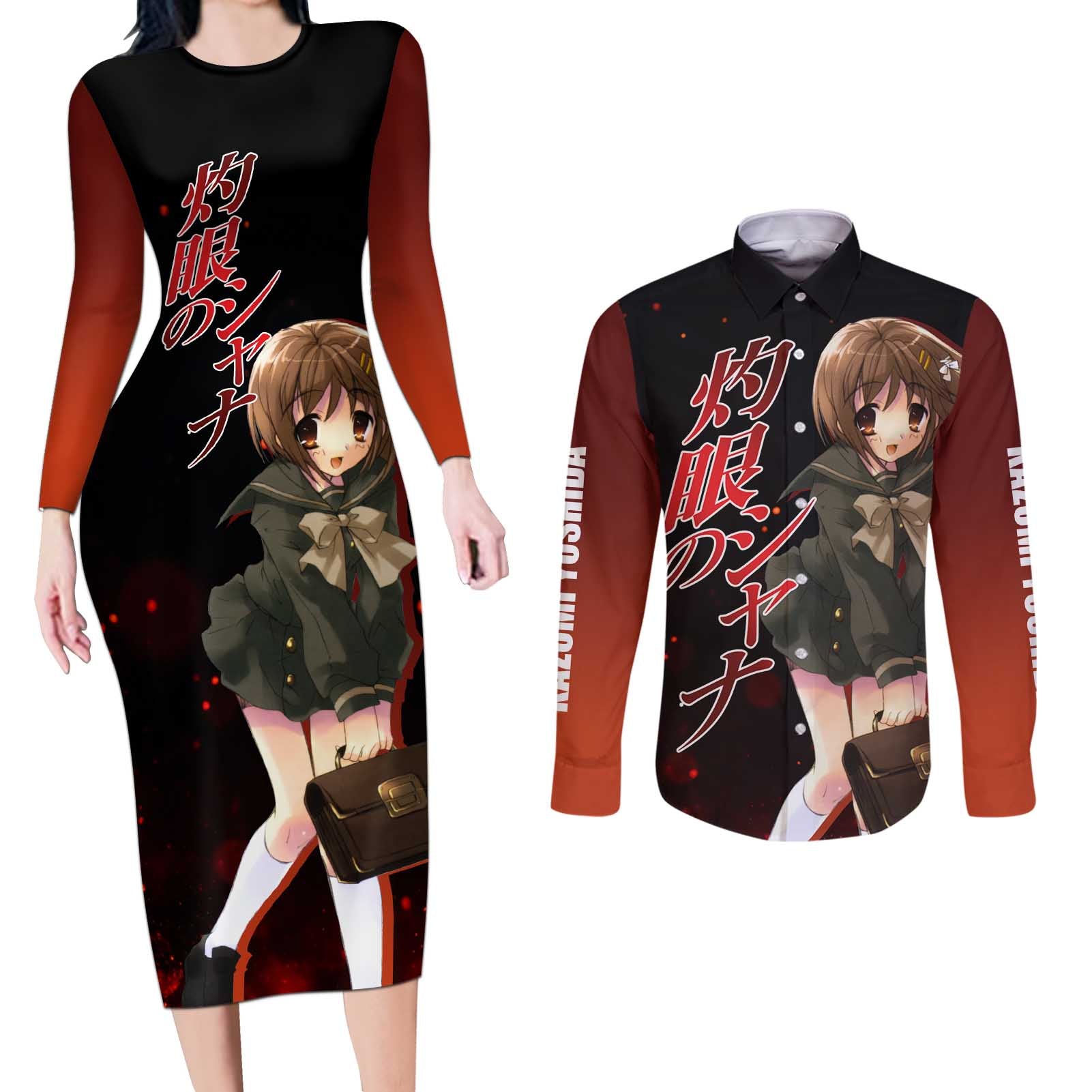 Kazumi Yoshida - Shakugan no Shana Couples Matching Long Sleeve Bodycon Dress and Long Sleeve Button Shirt Anime Style