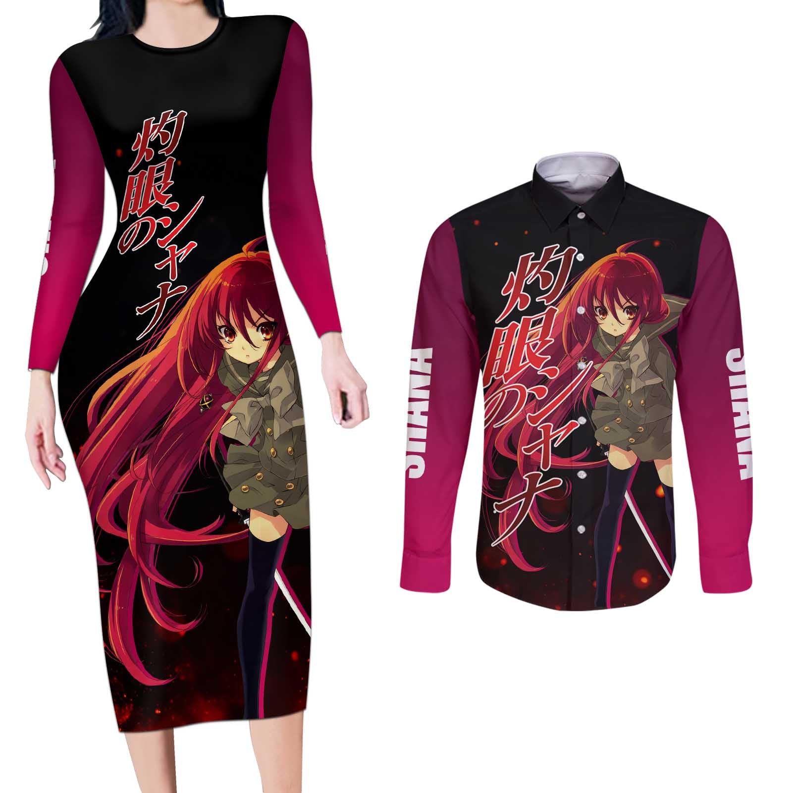 Shana - Shakugan no Shana Couples Matching Long Sleeve Bodycon Dress and Long Sleeve Button Shirt Anime Style