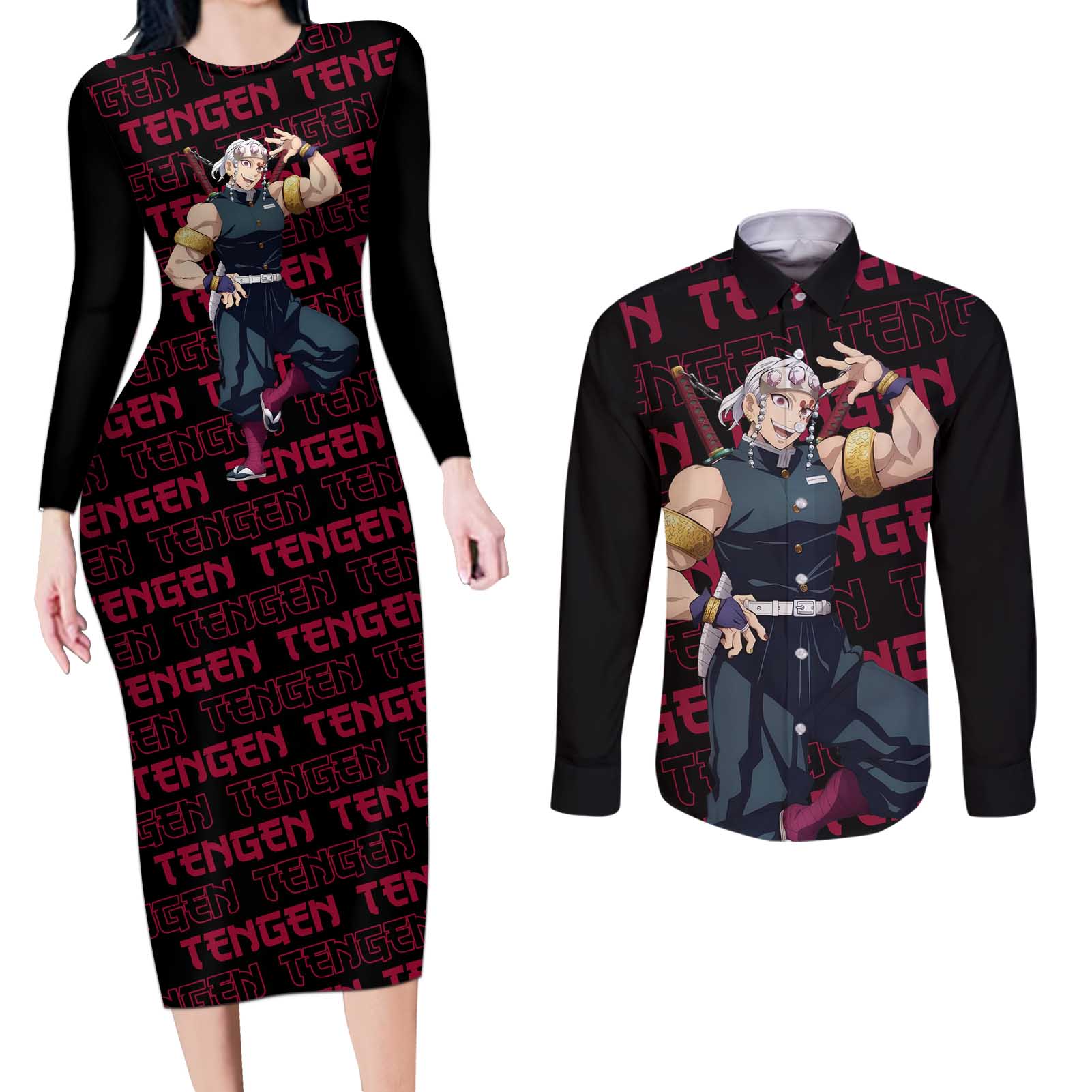 Tengen Uzui - Demon Slayer Couples Matching Long Sleeve Bodycon Dress and Long Sleeve Button Shirt Anime Style