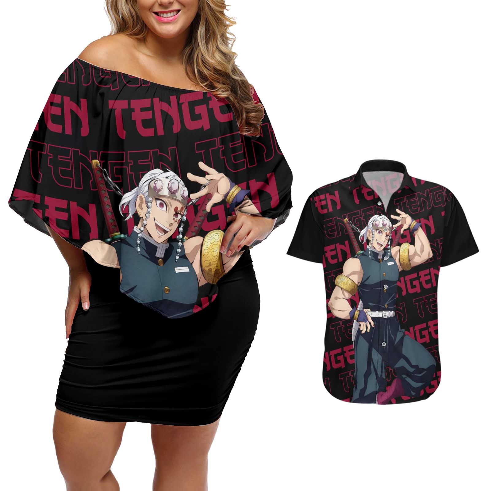 Tengen Uzui - Demon Slayer Couples Matching Off Shoulder Short Dress and Hawaiian Shirt Anime Style