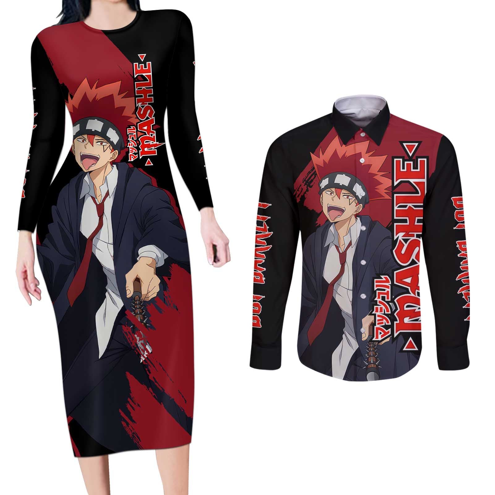 Dot Barrett - Magic And Muscles Couples Matching Long Sleeve Bodycon Dress and Long Sleeve Button Shirt Anime Style