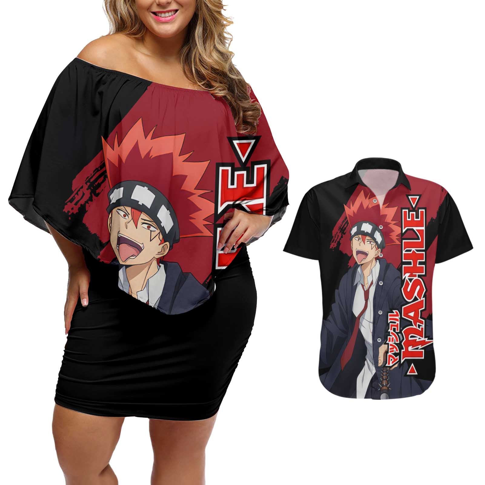 Dot Barrett - Magic And Muscles Couples Matching Off Shoulder Short Dress and Hawaiian Shirt Anime Style