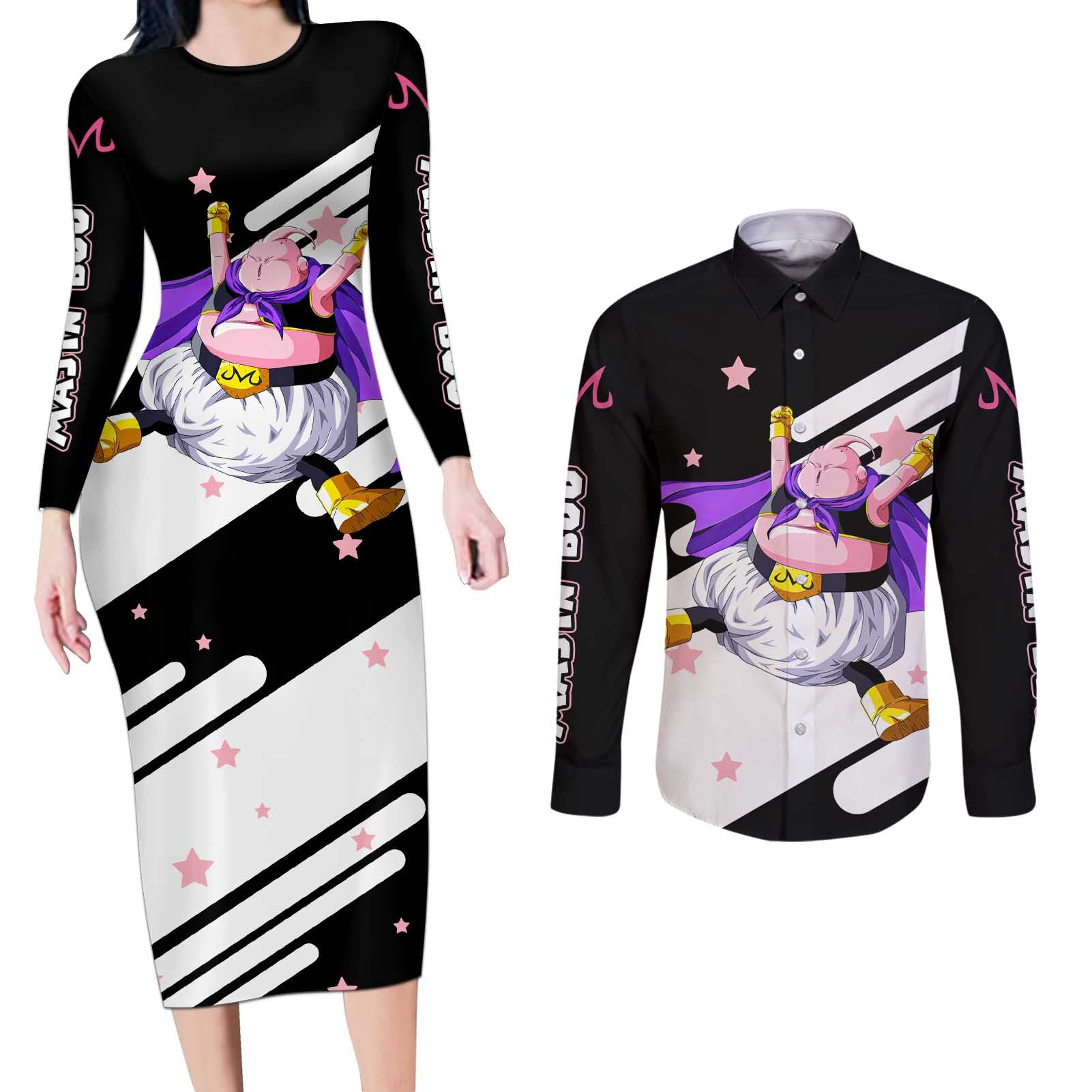 Fat Majin Buu - Dragon Ball Couples Matching Long Sleeve Bodycon Dress and Long Sleeve Button Shirt Anime Style