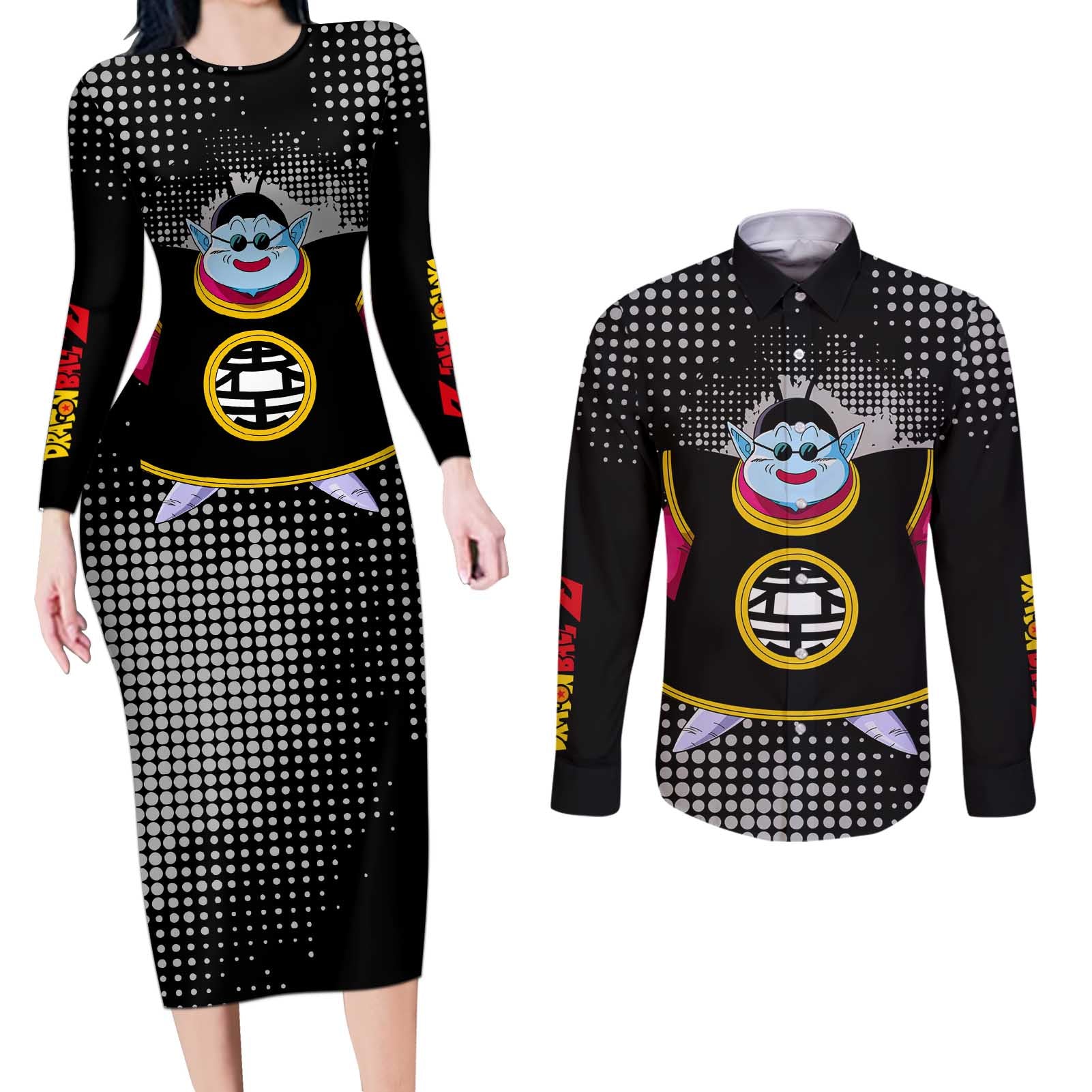 King Kai - Dragon Ball Couples Matching Long Sleeve Bodycon Dress and Long Sleeve Button Shirt Anime Style