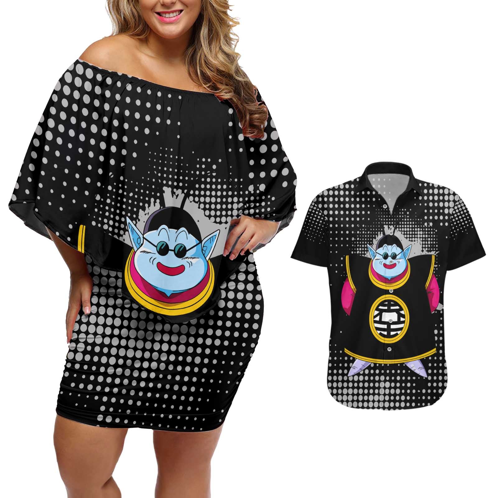 King Kai - Dragon Ball Couples Matching Off Shoulder Short Dress and Hawaiian Shirt Anime Style