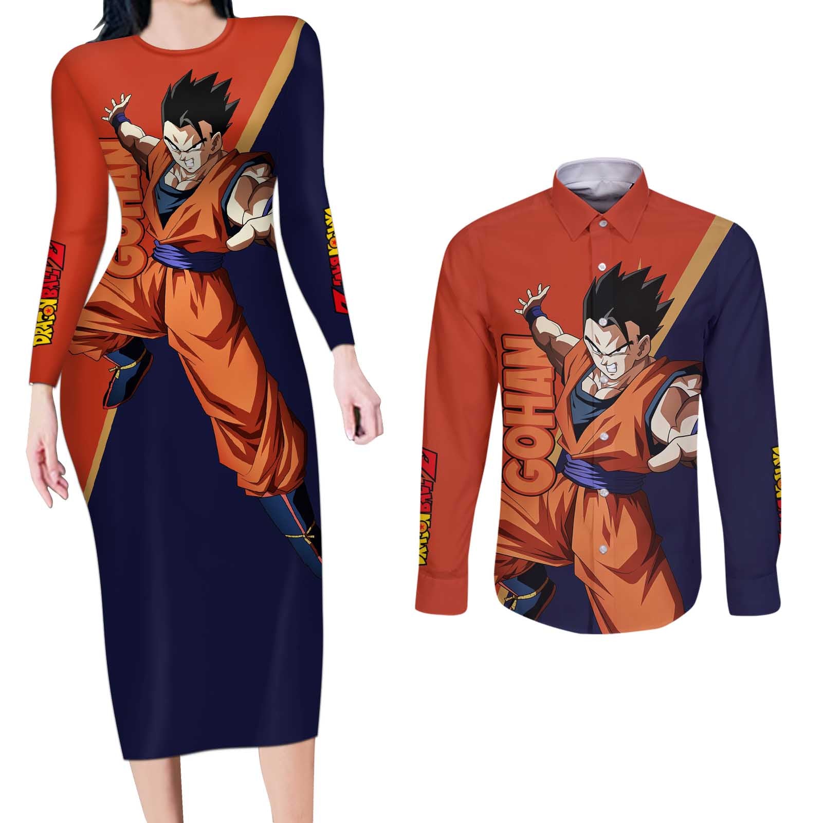 Gohan - Dragon Ball Couples Matching Long Sleeve Bodycon Dress and Long Sleeve Button Shirt Anime Style