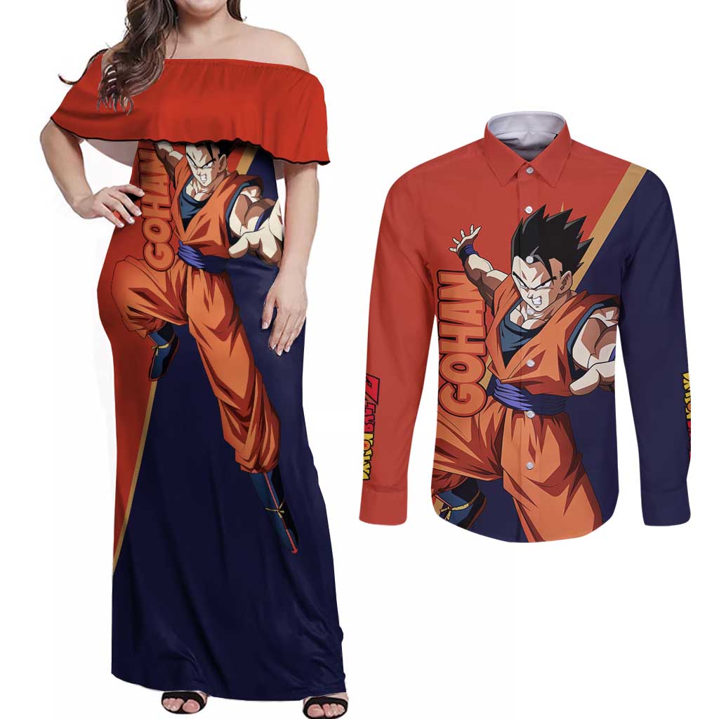 Gohan - Dragon Ball Couples Matching Off Shoulder Maxi Dress and Long Sleeve Button Shirt Anime Style