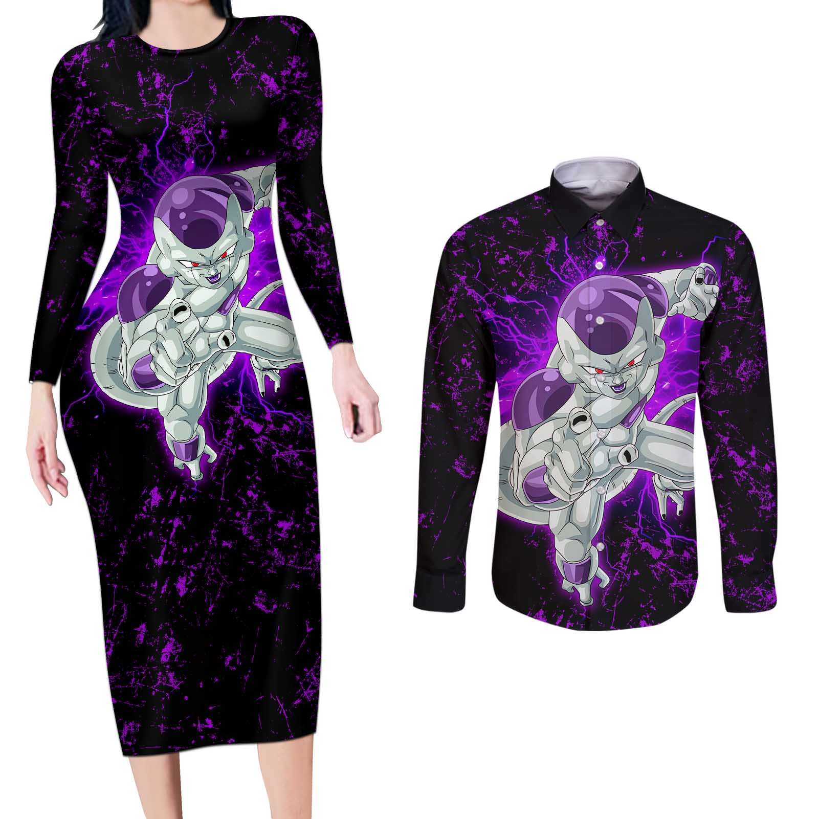 Frieza - Dragon Ball Couples Matching Long Sleeve Bodycon Dress and Long Sleeve Button Shirt Anime Style