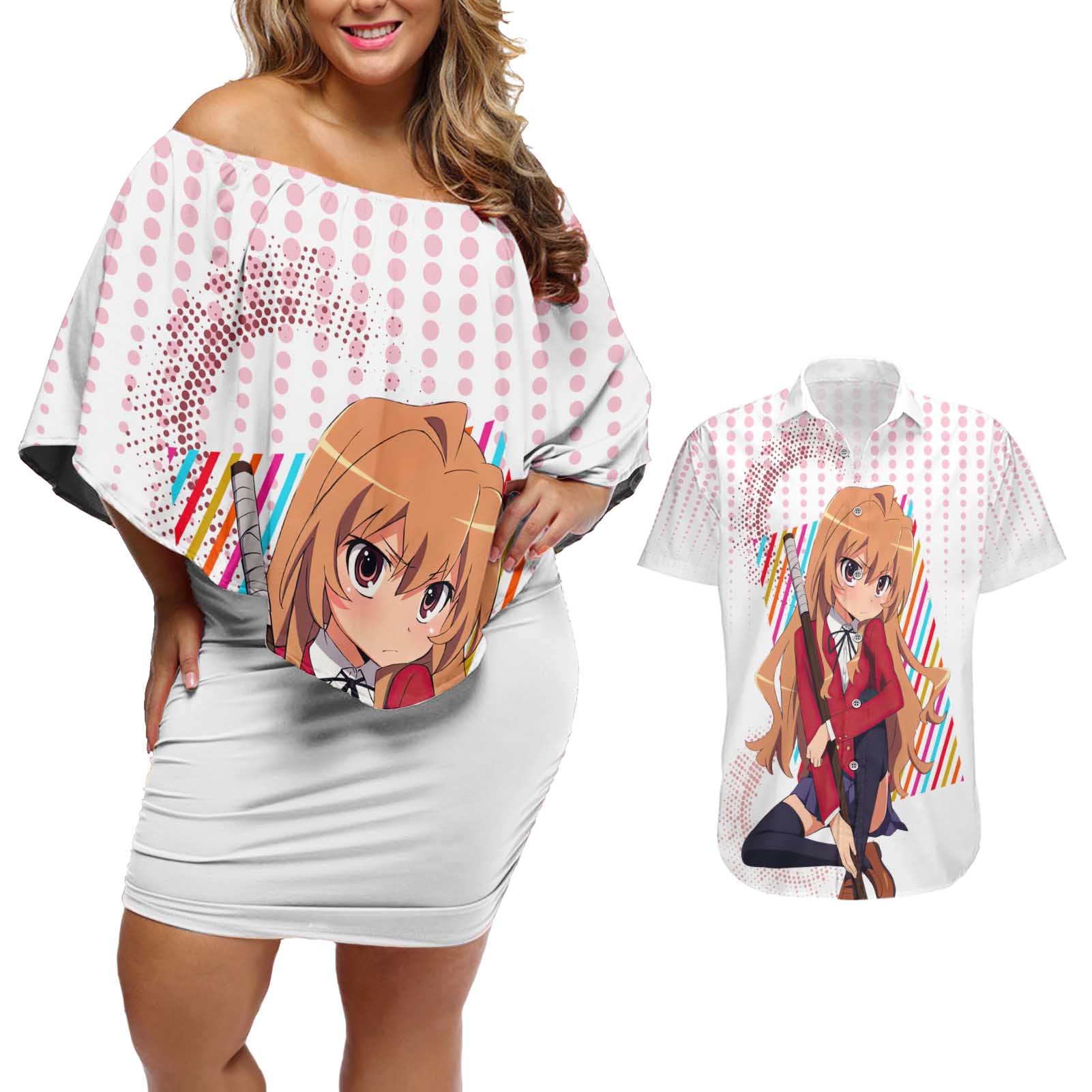 Minori Kushieda - Toradora Couples Matching Off Shoulder Short Dress and Hawaiian Shirt Anime Style