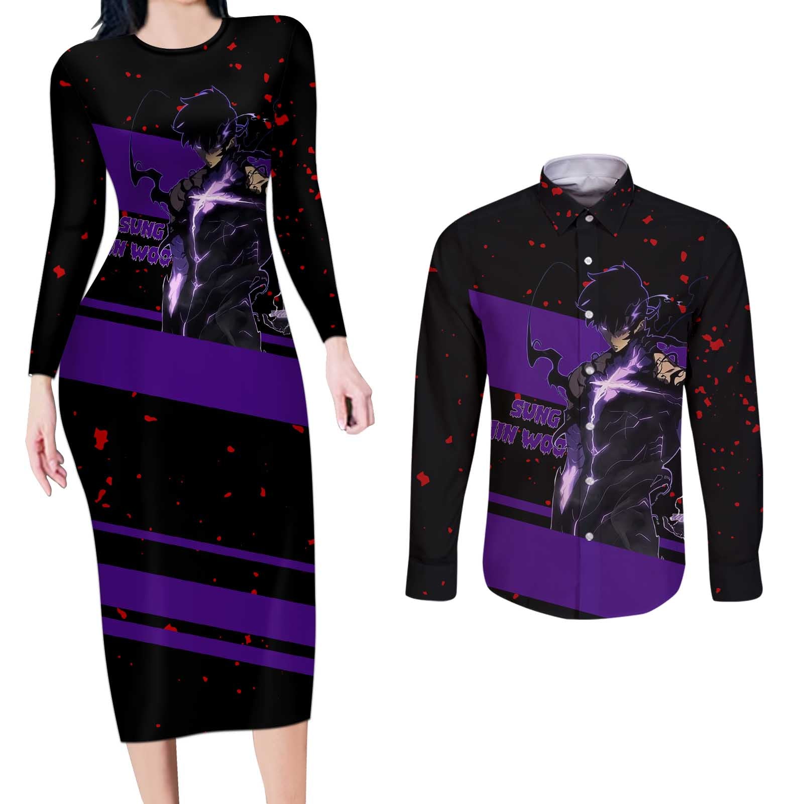 Sung Jin Woo - Solo Leveling Couples Matching Long Sleeve Bodycon Dress and Long Sleeve Button Shirt Anime Style