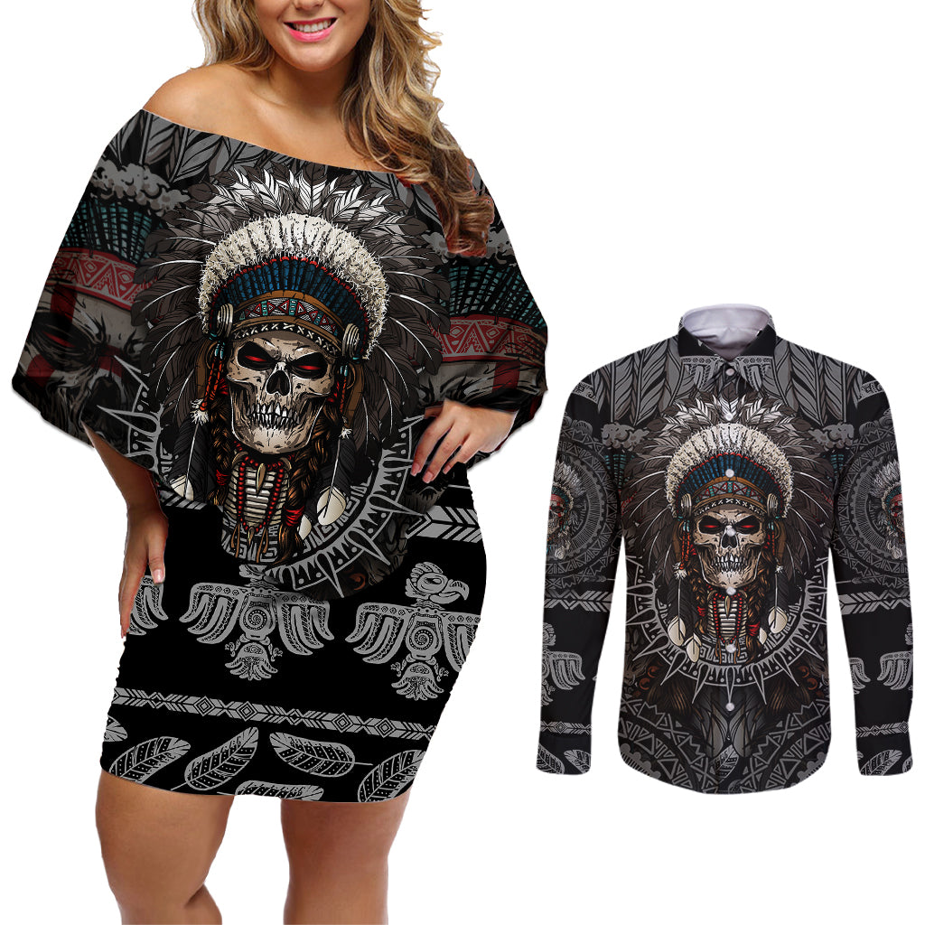 skull-native-american-warrior-couples-matching-off-shoulder-short-dress-and-long-sleeve-button-shirts