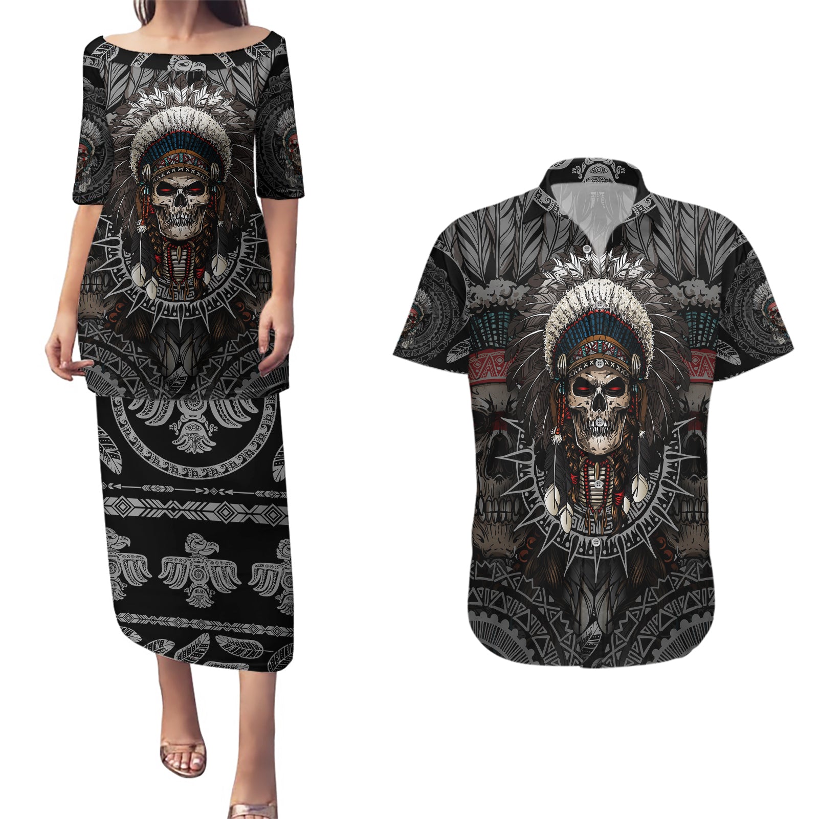 skull-native-american-warrior-couples-matching-puletasi-dress-and-hawaiian-shirt