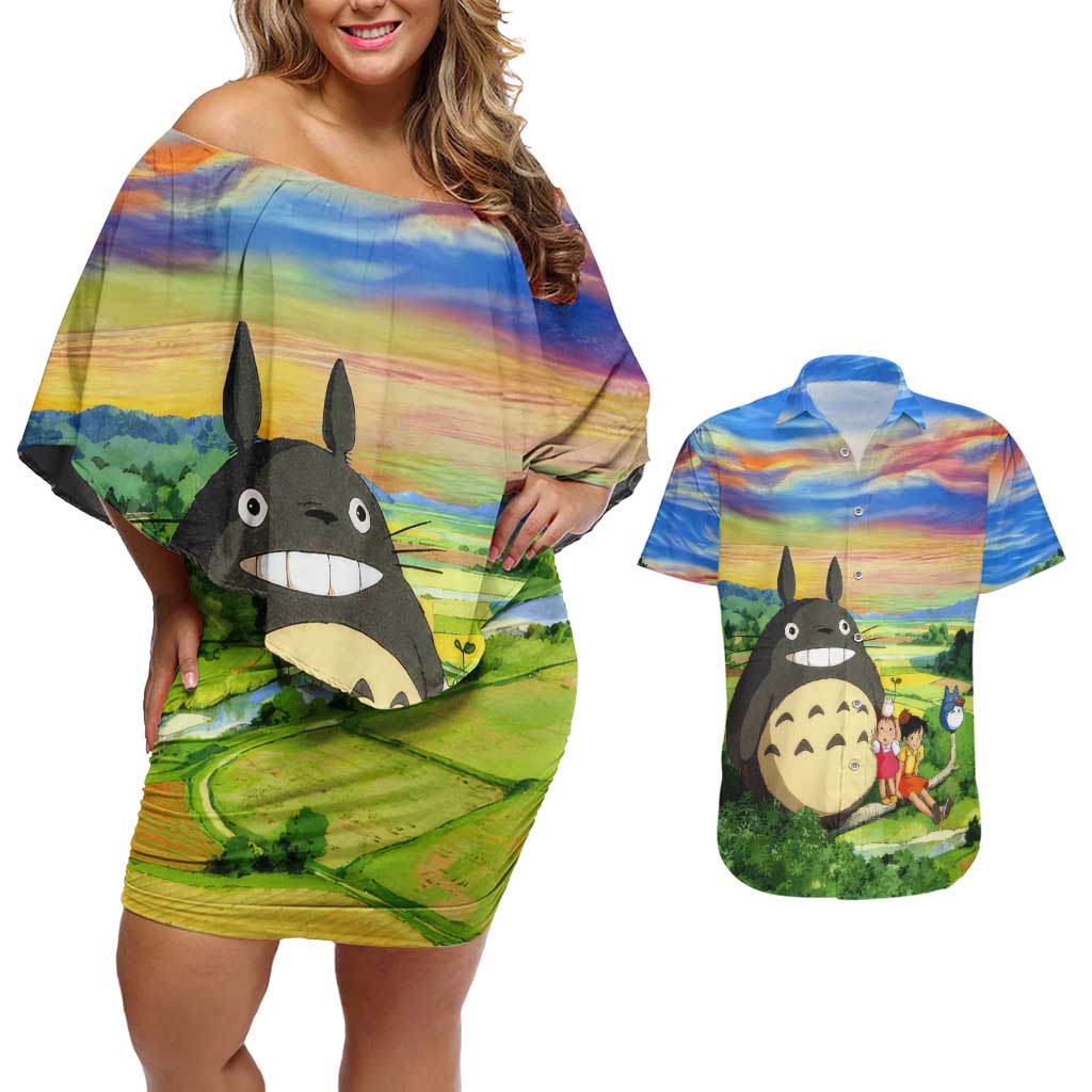 Trippy My Neighbor Totoro Studio Ghibli Couples Matching Off Shoulder Short Dress and Hawaiian Shirt Anime  Mix Oil Paint Trippy Style