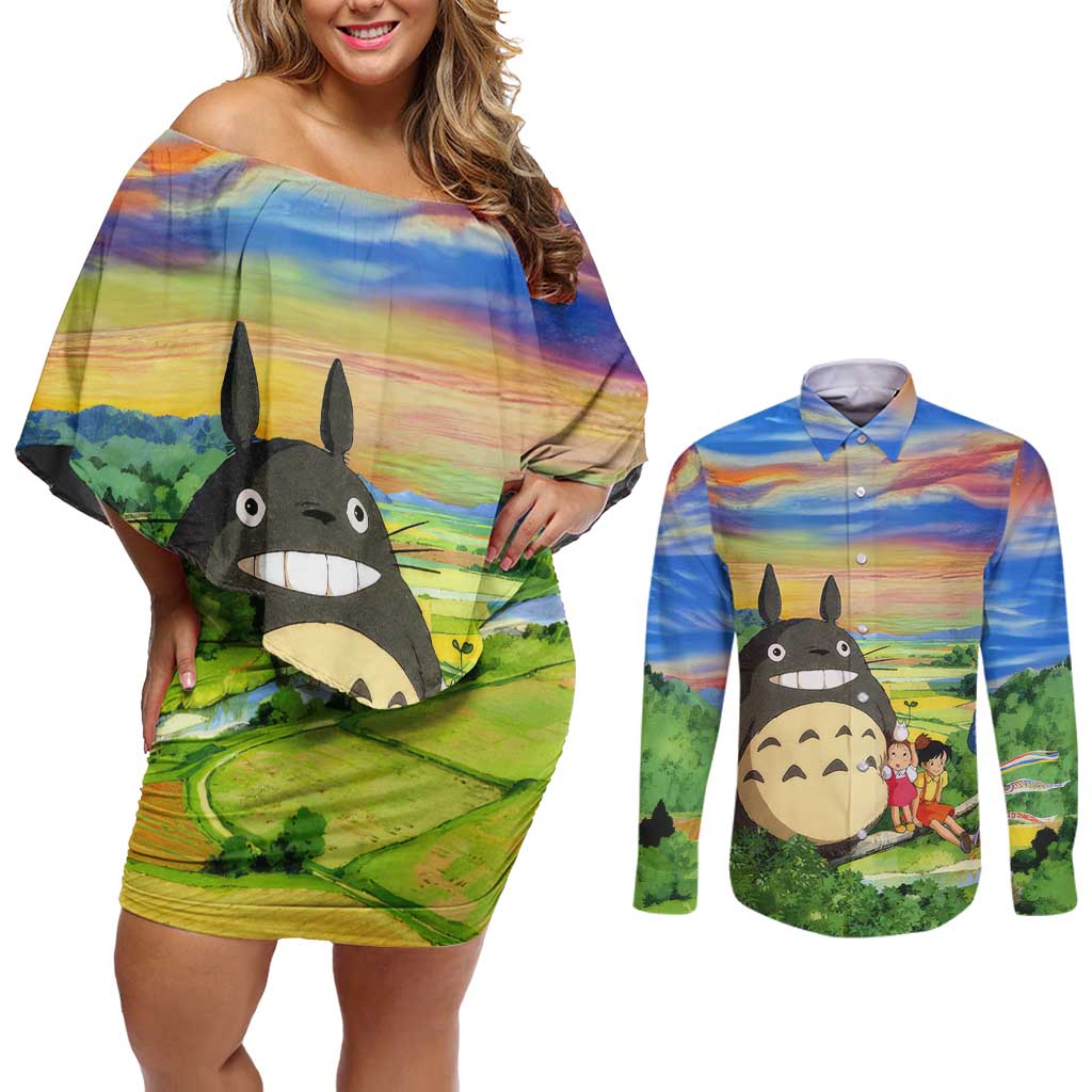 Trippy My Neighbor Totoro Studio Ghibli Couples Matching Off Shoulder Short Dress and Long Sleeve Button Shirt Anime  Mix Oil Paint Trippy Style