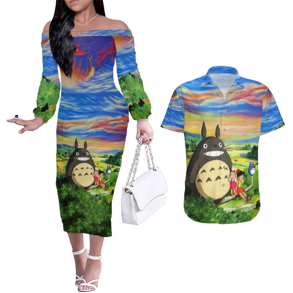 Trippy My Neighbor Totoro Studio Ghibli Couples Matching Off The Shoulder Long Sleeve Dress and Hawaiian Shirt Anime  Mix Oil Paint Trippy Style