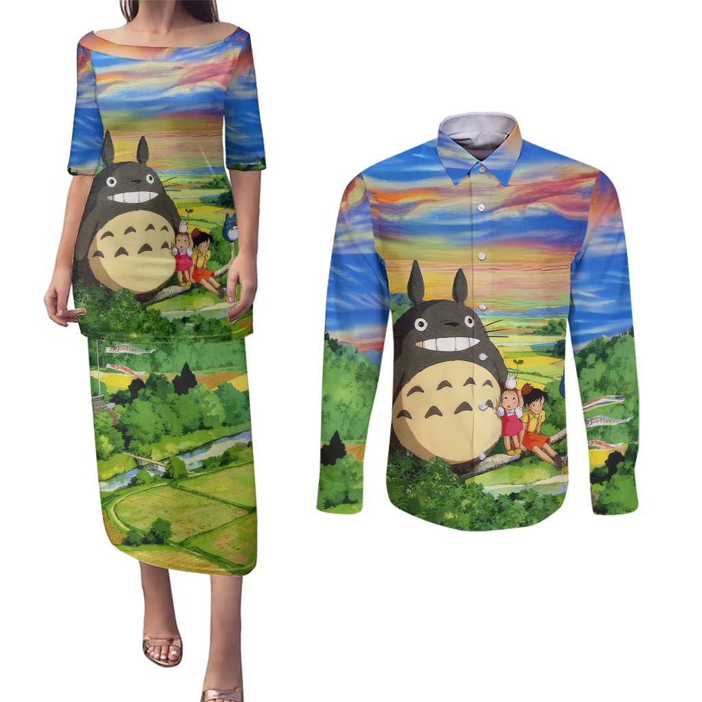 Trippy My Neighbor Totoro Studio Ghibli Couples Matching Puletasi and Long Sleeve Button Shirt Anime  Mix Oil Paint Trippy Style