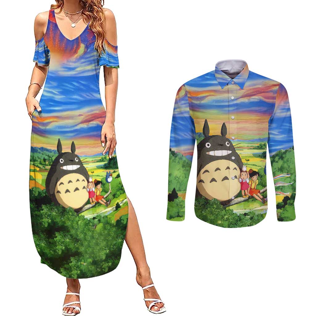 Trippy My Neighbor Totoro Studio Ghibli Couples Matching Summer Maxi Dress and Long Sleeve Button Shirt Anime  Mix Oil Paint Trippy Style