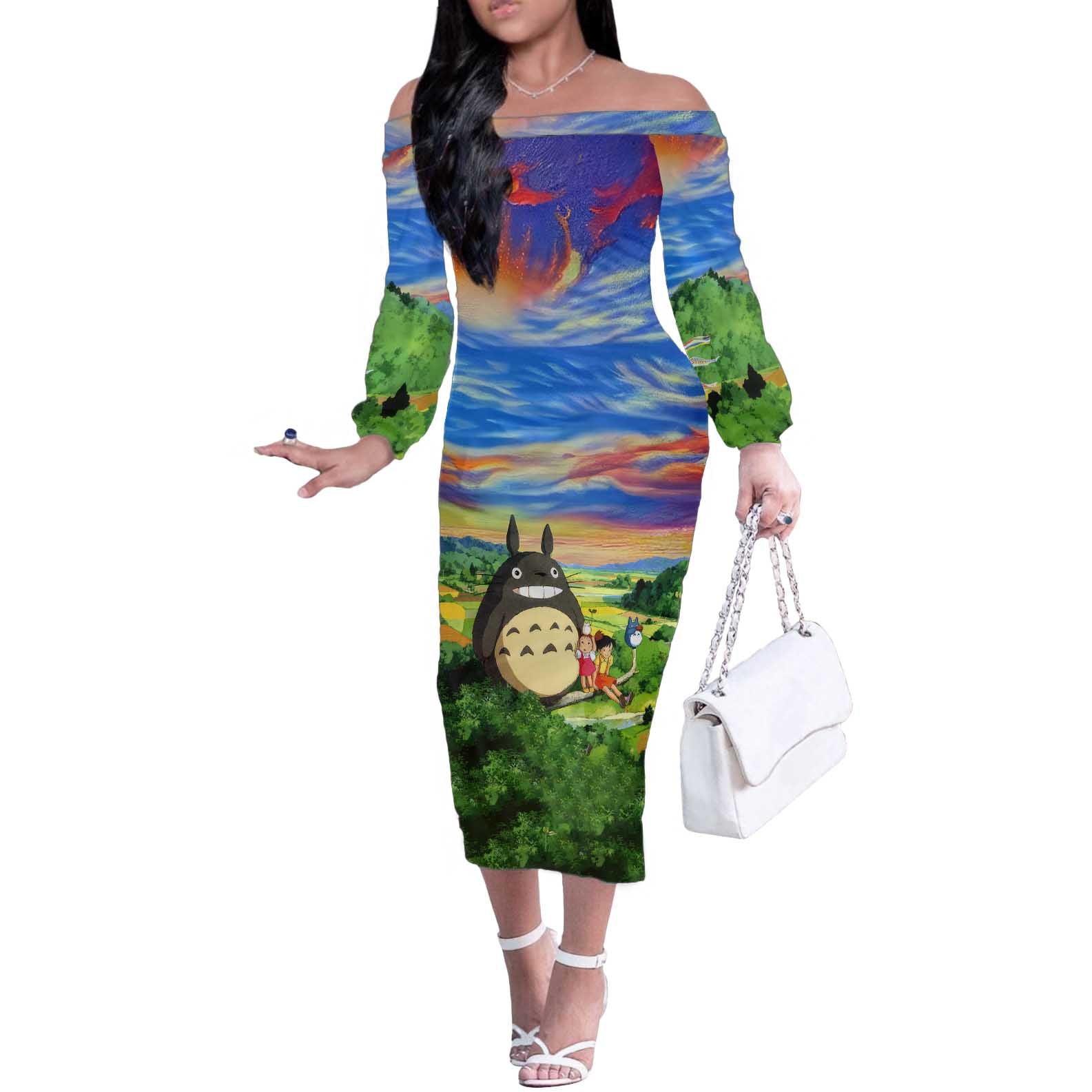 Trippy My Neighbor Totoro Studio Ghibli Off The Shoulder Long Sleeve Dress Anime  Mix Oil Paint Trippy Style