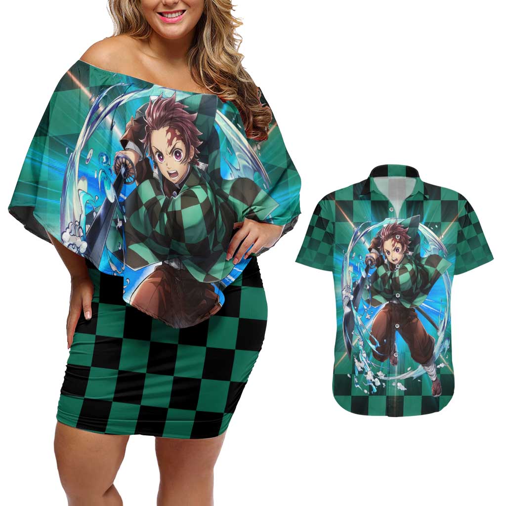 Astral Aura Tanjiro Demon Slayer Couples Matching Off Shoulder Short Dress and Hawaiian Shirt Anime Style