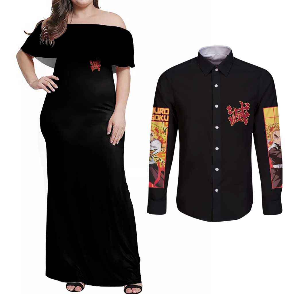 Kyojuro Rengoku V3 Demon Slayer Couples Matching Off Shoulder Maxi Dress and Long Sleeve Button Shirt Anime Style