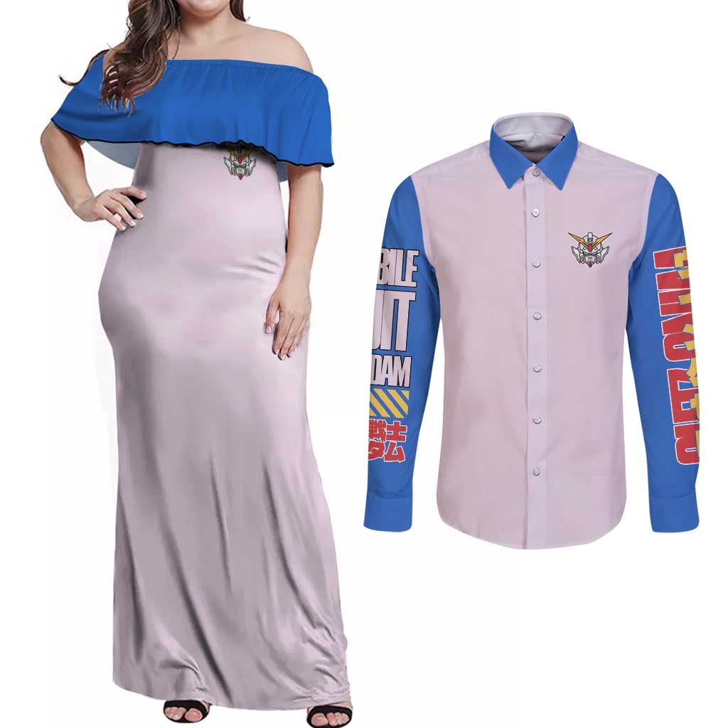 Heero Yuya x Wing Zero Gundam Wing Endless Waltz Couples Matching Off Shoulder Maxi Dress and Long Sleeve Button Shirt Anime Style