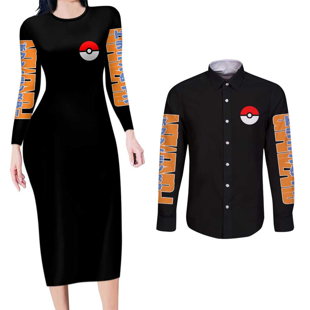 Charizard Poke Couples Matching Long Sleeve Bodycon Dress and Long Sleeve Button Shirt Anime Style