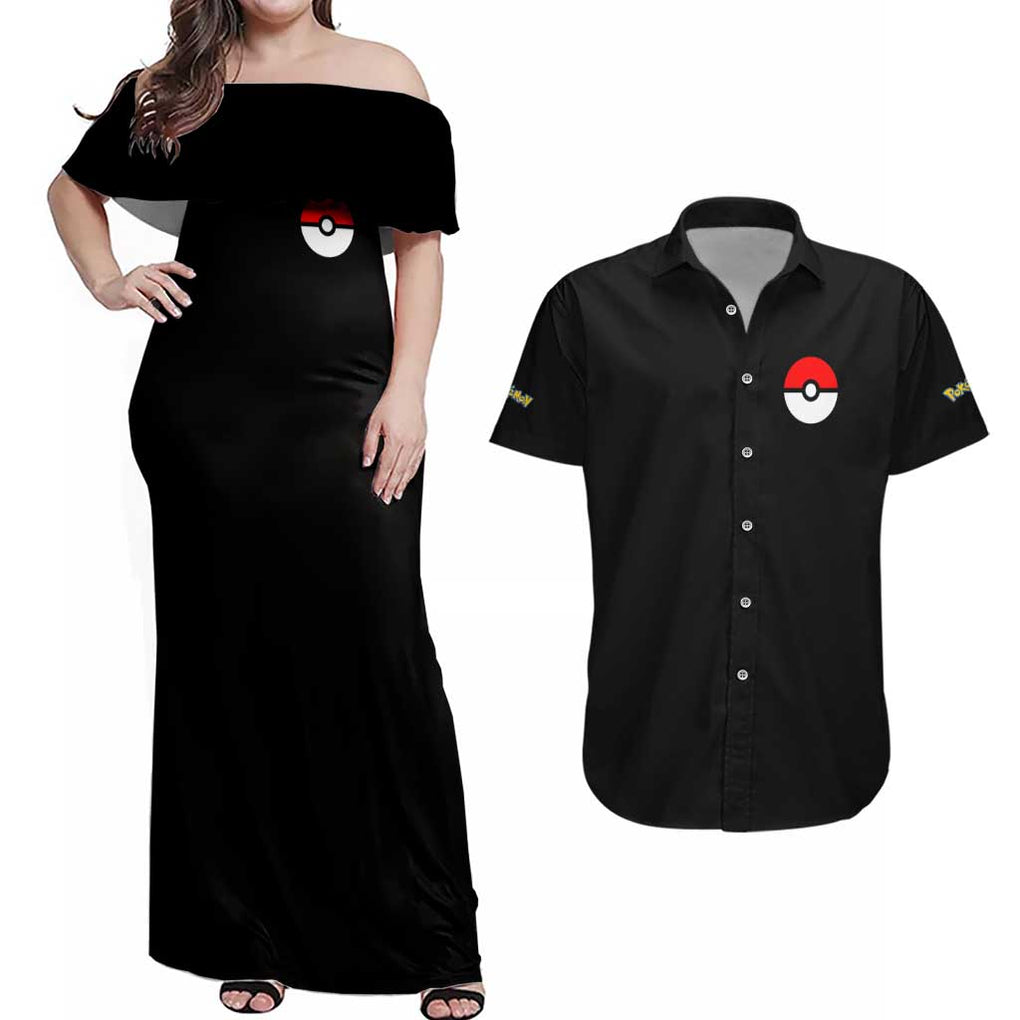 Charizard Poke Couples Matching Off Shoulder Maxi Dress and Hawaiian Shirt Anime Style