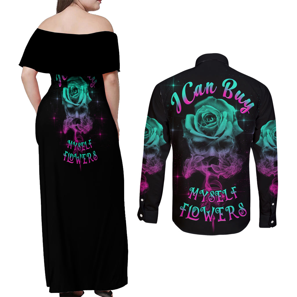 i-can-buy-myself-flowers-smoke-rose-skull-couples-matching-off-shoulder-maxi-dress-and-long-sleeve-button-shirt