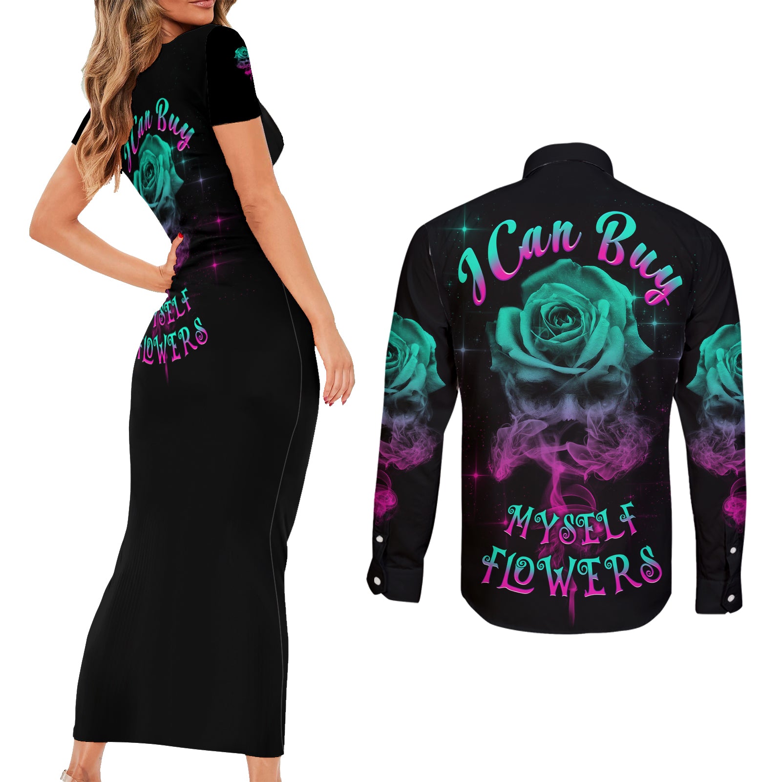 i-can-buy-myself-flowers-smoke-rose-skull-couples-matching-short-sleeve-bodycon-dress-and-long-sleeve-button-shirt