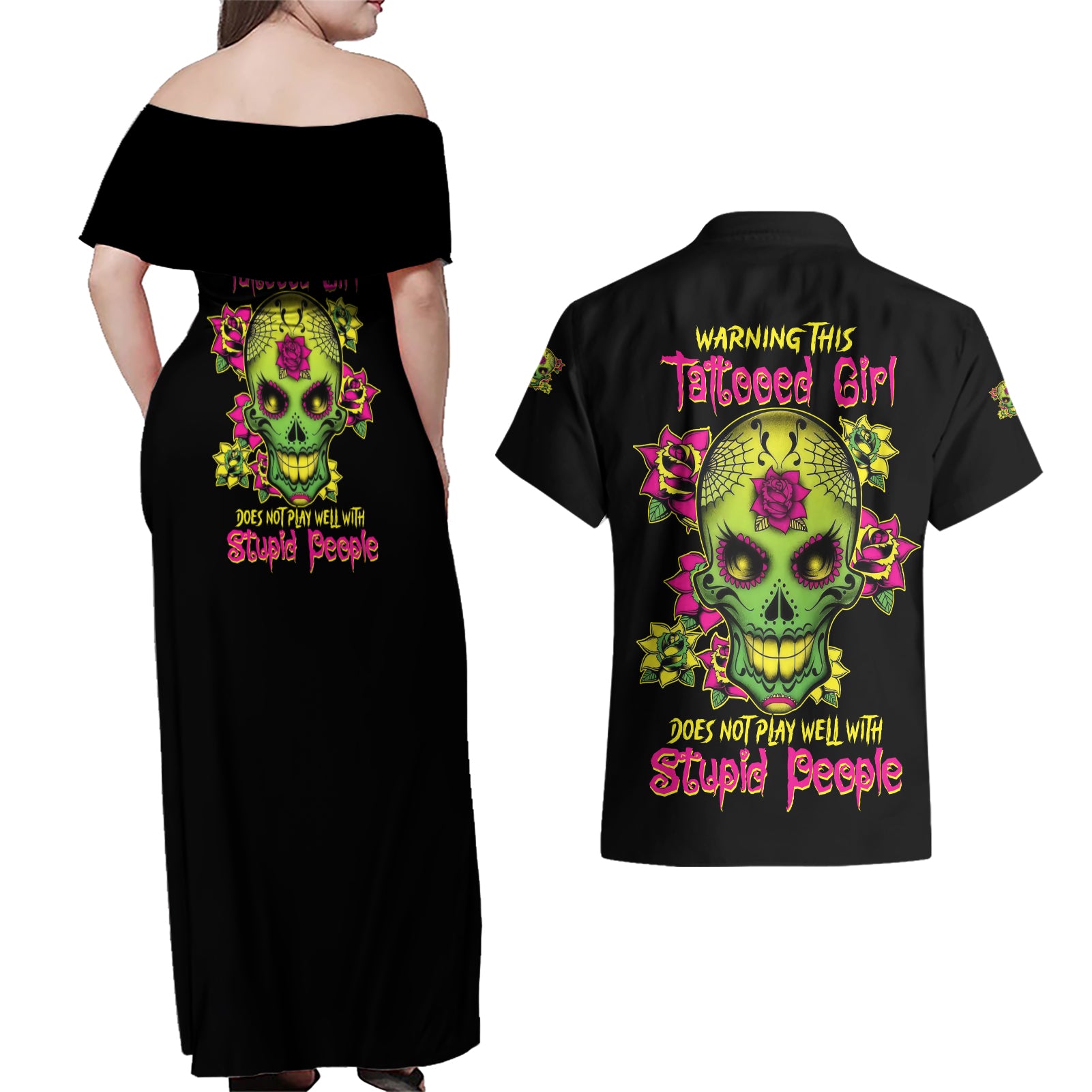 warning-this-tattooed-girl-flower-sugar-skull-couples-matching-off-shoulder-maxi-dress-and-hawaiian-shirt