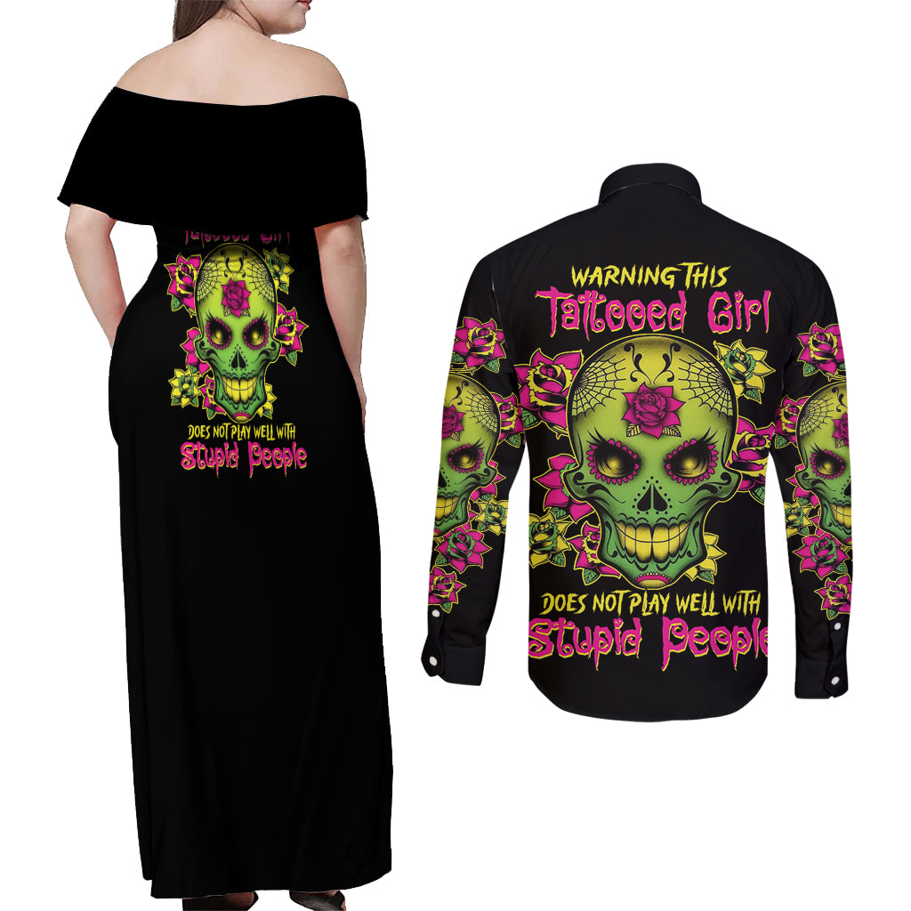 warning-this-tattooed-girl-flower-sugar-skull-couples-matching-off-shoulder-maxi-dress-and-long-sleeve-button-shirt