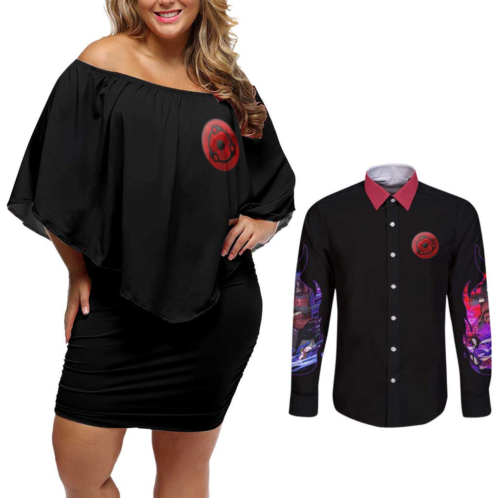 Uchiha Madara V3 Naruto Couples Matching Off Shoulder Short Dress and Long Sleeve Button Shirt Anime Style