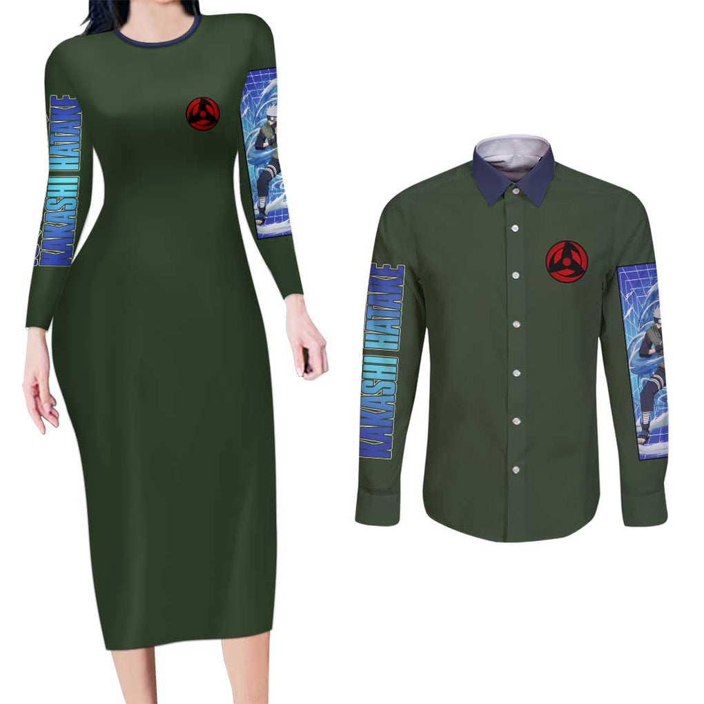 Hatake Kakashi V2 Naruto Couples Matching Long Sleeve Bodycon Dress and Long Sleeve Button Shirt Anime Style