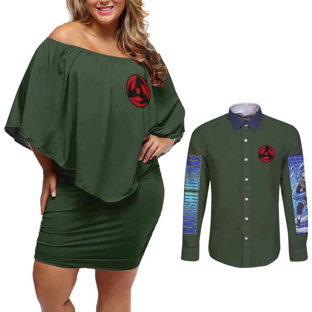 Hatake Kakashi V2 Naruto Couples Matching Off Shoulder Short Dress and Long Sleeve Button Shirt Anime Style