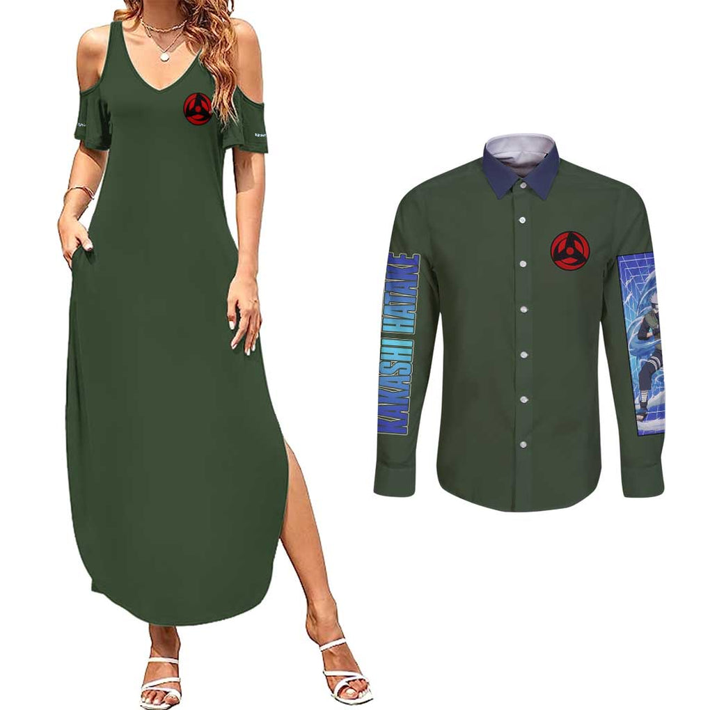 Hatake Kakashi V2 Naruto Couples Matching Summer Maxi Dress and Long Sleeve Button Shirt Anime Style