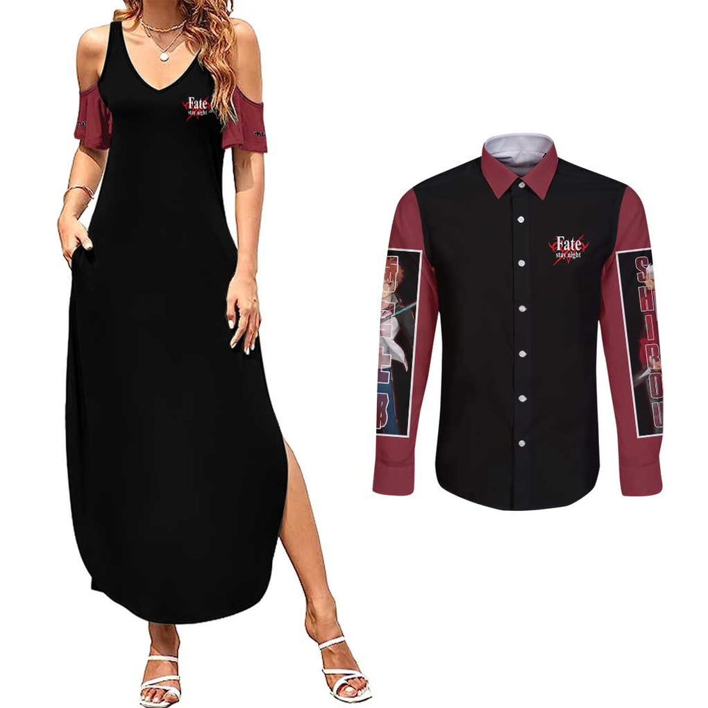 Archer x Emiya Fate Stay Night Unlimited Blade Works Couples Matching Summer Maxi Dress and Long Sleeve Button Shirt Anime Style