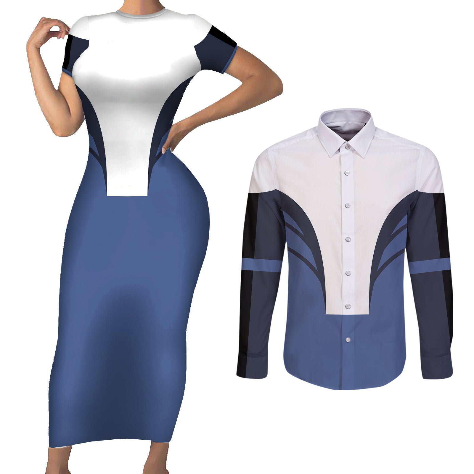 Avatar Water Nation Couples Matching Short Sleeve Bodycon Dress and Long Sleeve Button Shirt