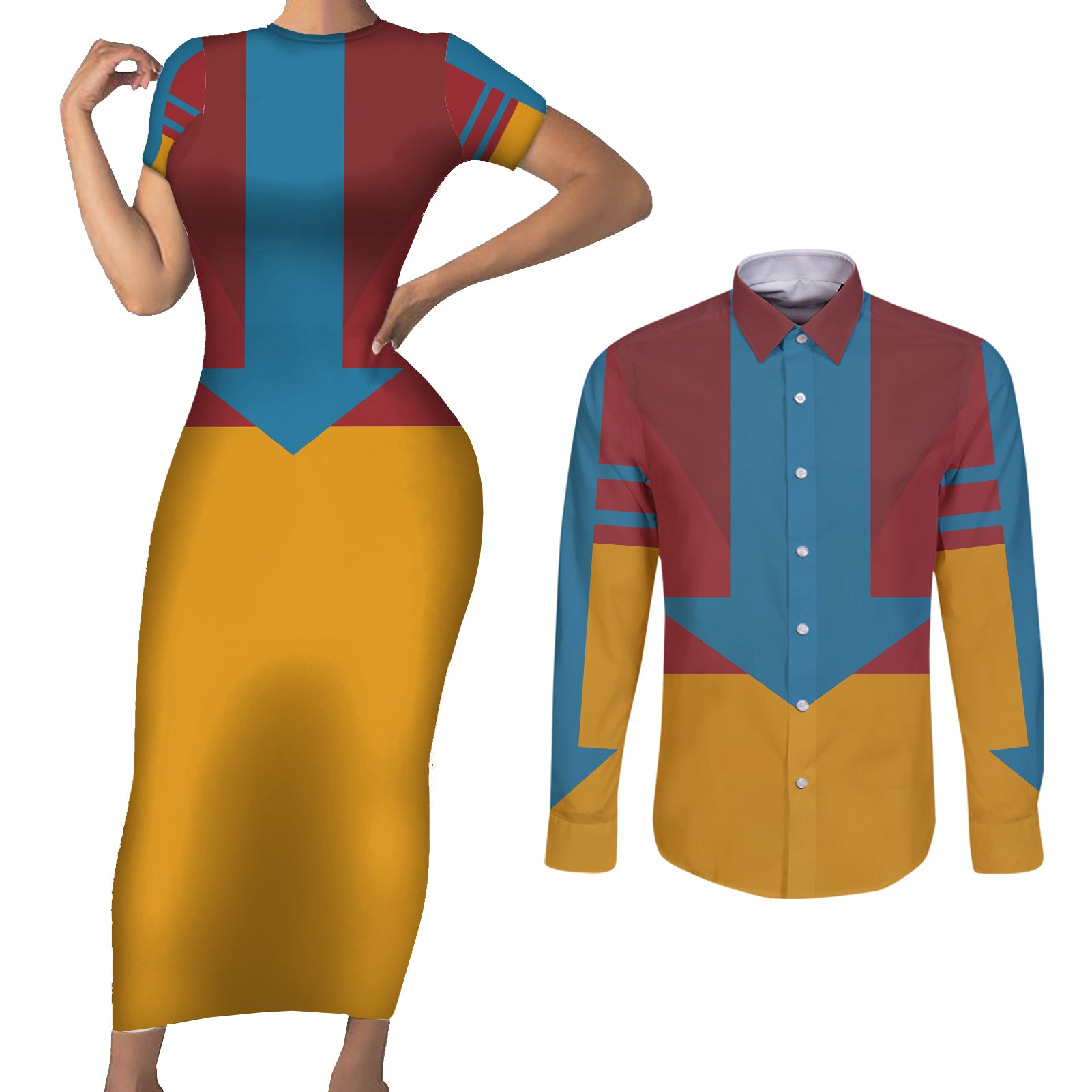 Avatar Aang Airbending Couples Matching Short Sleeve Bodycon Dress and Long Sleeve Button Shirt